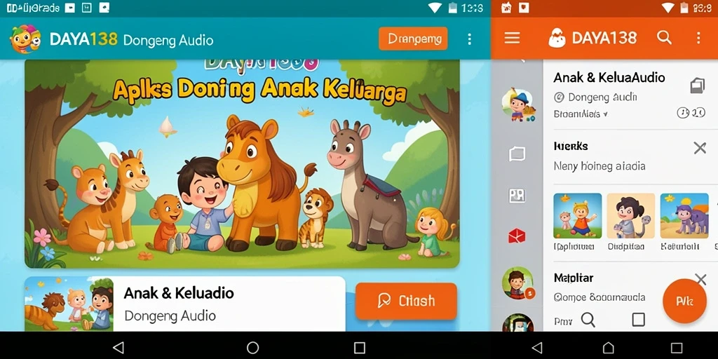 Tampilan antarmuka aplikasi DAYA138 dengan pilihan cerita dongeng audio.